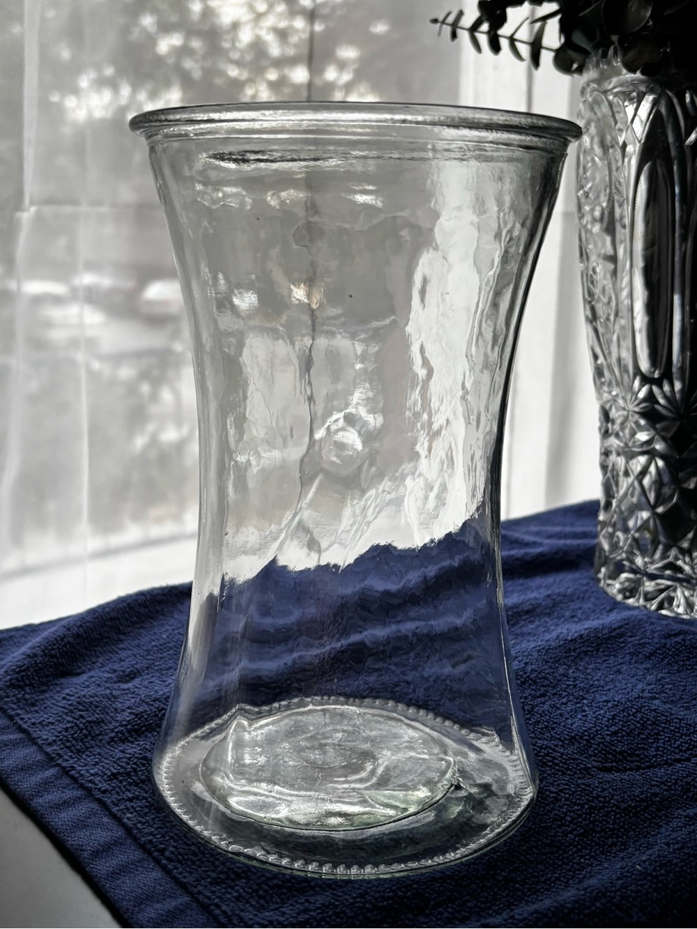Vtg. Clear Glass Hourglass Vase